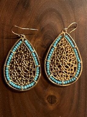 Gold Teardrop Filigree Earrings with Turquoise Beads